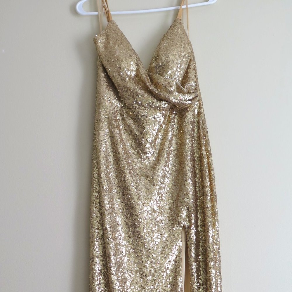 Revelry Gold Sequin Spaghetti-Strap Prom Dress